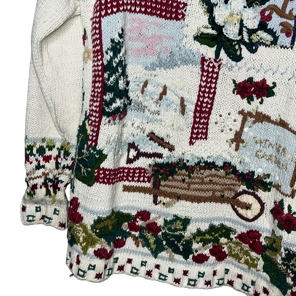 Tiara Christmas Rose Winter Cabin scene ugly tacky holiday sweater medium‎ 1990s - Picture 2 of 12